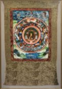 A Tibetan 'wheel of life' thangka the central roundel with the seated figure of Buddha surrounded