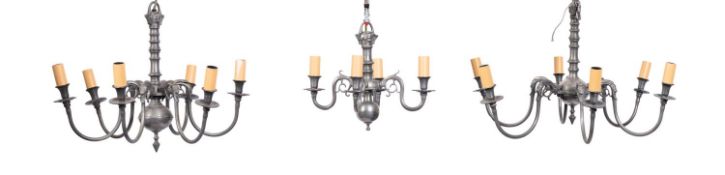A pair of pewter six light chandeliers in early 18th century taste, probably by Albert Bartram,