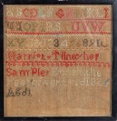 Four 19th century needlework samplers; comprising three Victorian examples,