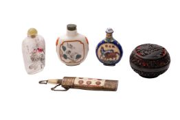 A mixed lot of Chinese works of art comprising an inside decorated glass snuff bottle;