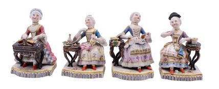 Four bisque porcelain figures allegorical of the senses and modelled with a seated lady on a bow