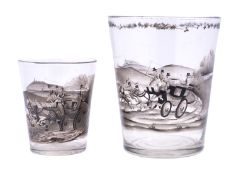 Two Bohemian Schwartzlot beakers each decorated with a similar encircling coaching scene,