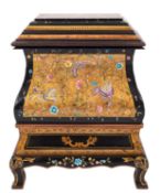 A Contemporary ebonised, gilt and polychrome tole peinte bombe chest,