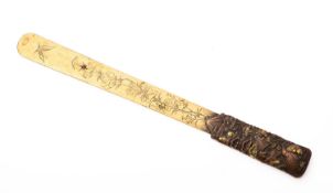 A Japanese mixed metals paper knife, Meiji period the blade engraved with foliage,