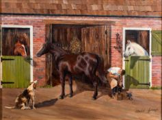 William 'Bill' Waugh (British, 20th Century) - 'Stable Gossip' - Oil on canvas - 29.5 x 39.