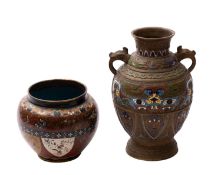 A Japanese bronze and champlevé enamel vase in Chinese archaic style and a small Japanese cloisonne