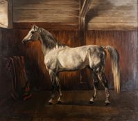 H Fieg (German, 19th Century) - A grey hunter in a stable - Oil on canvas - 69 x 79cm,