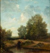 British School, 19th Century - Figures on a bridge crossing a river,