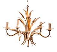 An Italian gold painted and pressed wrought iron five light chandelier,
