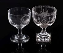 Two Masonic glass rummers one with oviform bowl with basal blade knop engraved with two circular