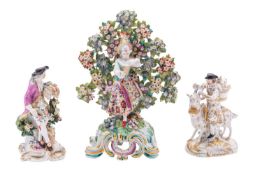 A large Bow bocage figure of a 'New Dancer', circa 1765; and two Derby figures,