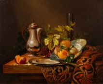 Miguel Gallyas (20th Century) - Still life study with fruits, ewer,