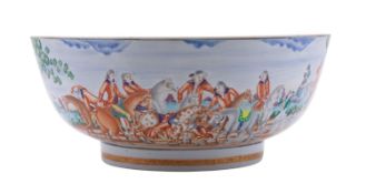 A large Chinese Export famille rose 'Hunting Subject' punch bowl,