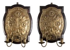 A pair of brass and oak mounted twin light wall appliques, Low Countries,