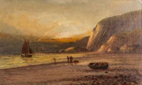 Frank Hider (British 1861-1933) - Coastal scene of figures and boat on a beach scene,