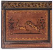 An Indian painted wood panel depicting a tiger attacking a deer flanked by flower filled urns and