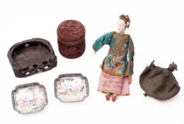 A mixed lot of Chinese and Japanese works of art comprising a cinnabar lacquer cylindrical box and