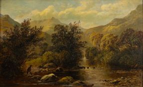 British School 19th Century - Highland scene with a river and angler - Oil on board - 23 x 37.