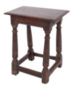 A 17th Century oak joynt stool, with a later rectangular bevelled top,