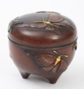 A fine Japanese gold inlaid and patinated bronze tripod box and cover, signed Miyabe Atsuyoshi,