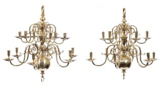 A near pair of Dutch brass twelve light chandeliers in early 18th century style,
