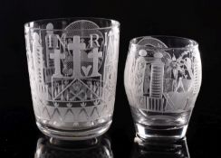 Two Masonic glass tumblers, the larger profusely engraved with Masonic emblems,