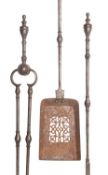 A set of three Regency steel fire tools, early 19th century; comprising shovel, poker and tongs,