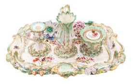 A Coalbrookedale flower-encrusted inkstand, circa 1830 complete with spill vase,