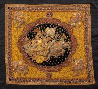 A Burmese Kalaga tapestry panel, the shaped ogee panel with figure in a horse drawn chariot,