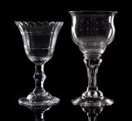 Two English sweetmeat glasses, one with ogee bowl set on a fluted pedestal stem and domed foot,