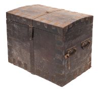 An oak and metal bound domed silver chest,