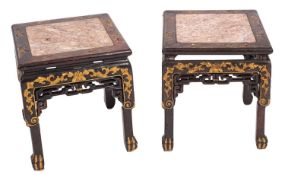 A pair of Chinese hardwood, carved giltwood and decorated square urn stands,