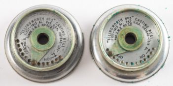 Two Illingworth No.3 casting reel spools in circular brown leather two section cases.