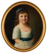 British School, 18th/19th Century - Portrait of a young girl wearing a white dress with blue sash.