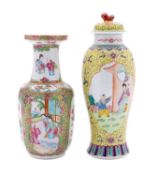 A Chinese Canton famille rose vase and a famille rose yellow ground vase and cover,
