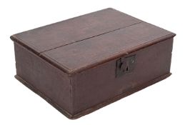 An early 18th Century oak rectangular bible box, with a hinged moulded top and iron lock,