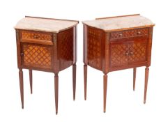 A matched pair of late 19th/early 20th Century French parquetry petit commodes in the Louis XVI