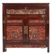 A Chinese 'Ning Po' hardwood and carved giltwood and red lacquer side cabinet,