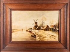 Louis Apol (Dutch, 1850-1936) - Canal scene in winter - Oil on porcelain plaque - 27.