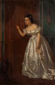 19th Century European school - Full length portrait of a lady in white dress - Oil on canvas -