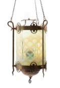 A Victorian brass and vaseline glass cylindrical rise-and-fall hall lantern,