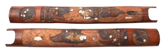 A pair of Japanese carved and inlaid bamboo sections,