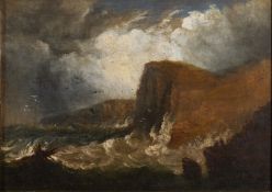 British School 19th Century - Cliffs in rough weather with figures on rocks in the foreground