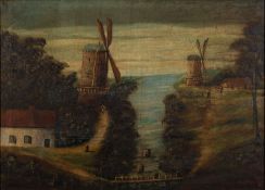 Dutch School, 19th Century - Windmills at the mouth of a river - Oil on canvas - 56cm x 77.