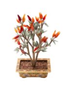 A Chinese hardstone and champlevé enamel tree ornament,