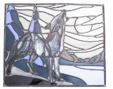 A stained and leaded glass panel depicting a wolf howling at the Moon, 20th century, rectangular,