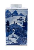 A large Chinese export blue and white square-section tea jar,
