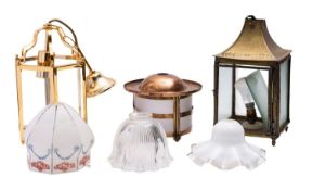 An Arts & Crafts copper and glazed cylindrical ceiling lantern, circa 1900,