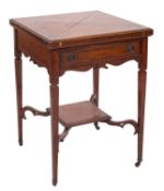 An Edwardian oak and chequer feather inlaid square envelope card table,