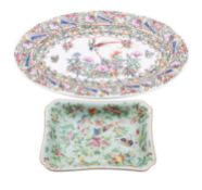 A Chinese Canton celadon-ground famille rose dish,